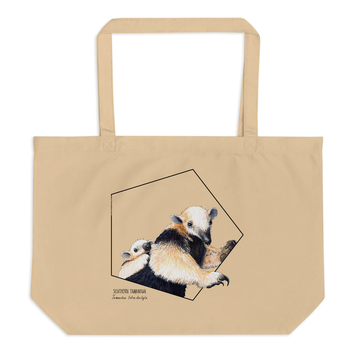 Large tote bag with a print of an adorable tamandua mom with a baby on the back. Beautiful print of a hand-drawn animal, 100% organic cotton. Beach bag, shopping bag, travel bag, or just as a present. PETA-approved vegan.
