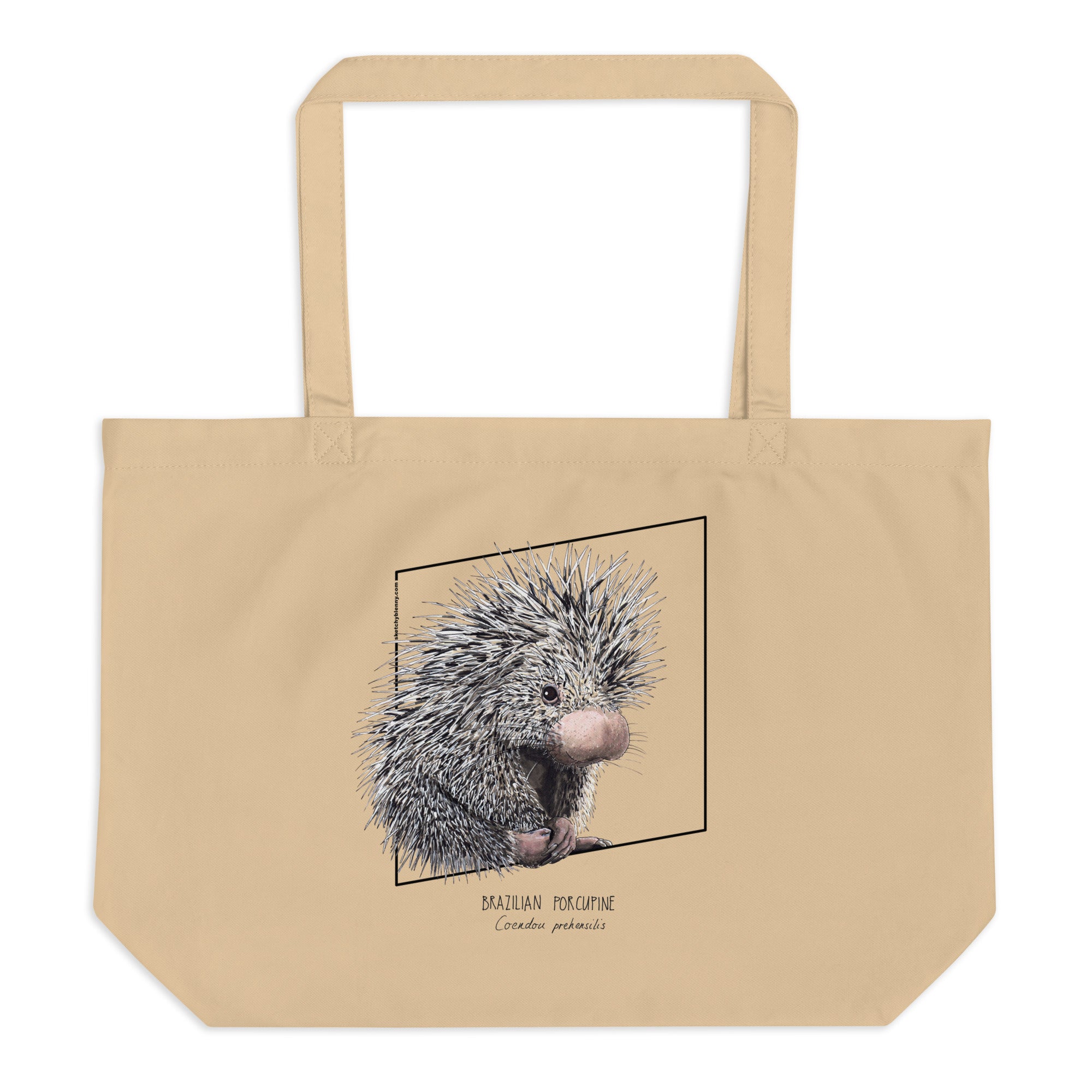 Large tote bag with print of a Brazilian porcupine. Beautiful print of hand-drawn animal, 100% organic cotton. Beach bag, shopping bag, travel bag, or just as a present. PETA-approved vegan.