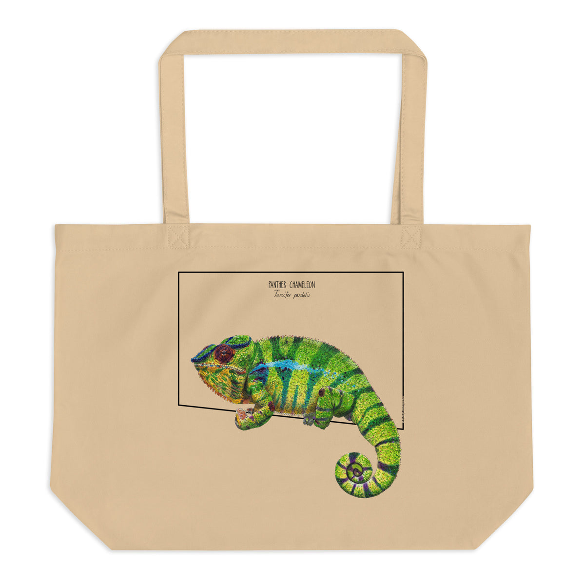  Large tote bag with a print of a colourful panther chameleon. Beautiful print of a hand-drawn animal, 100% organic cotton. Beach bag, shopping bag, travel bag, or just as a present. PETA-approved vegan.