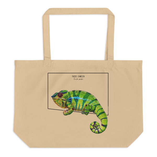  Large tote bag with a print of a colourful panther chameleon. Beautiful print of a hand-drawn animal, 100% organic cotton. Beach bag, shopping bag, travel bag, or just as a present. PETA-approved vegan.