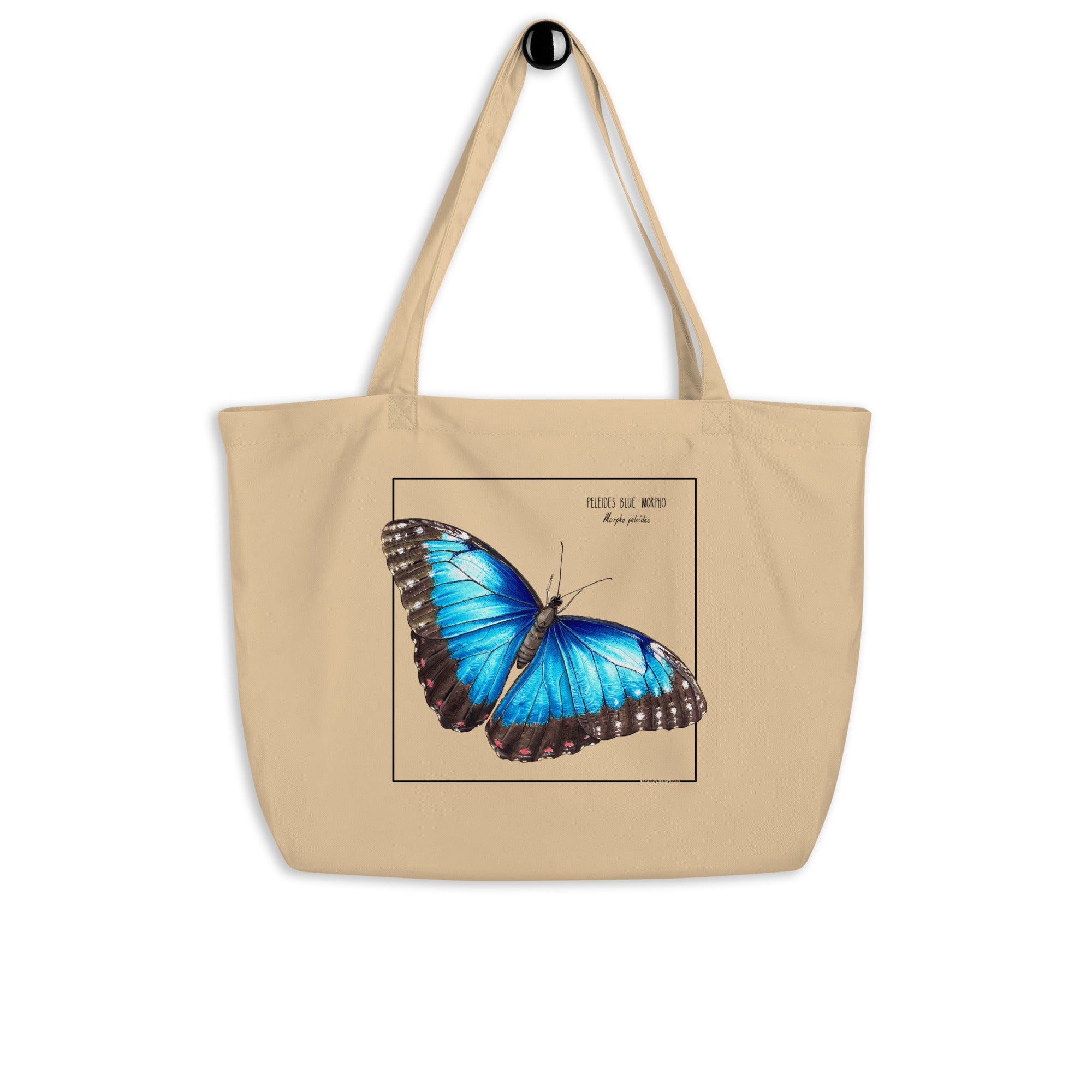 A mock up of our blue morpho tote bag. Versatile, sturdy, this bag can be used as shopping bag, gym bag or as any everyday bag. Or present!