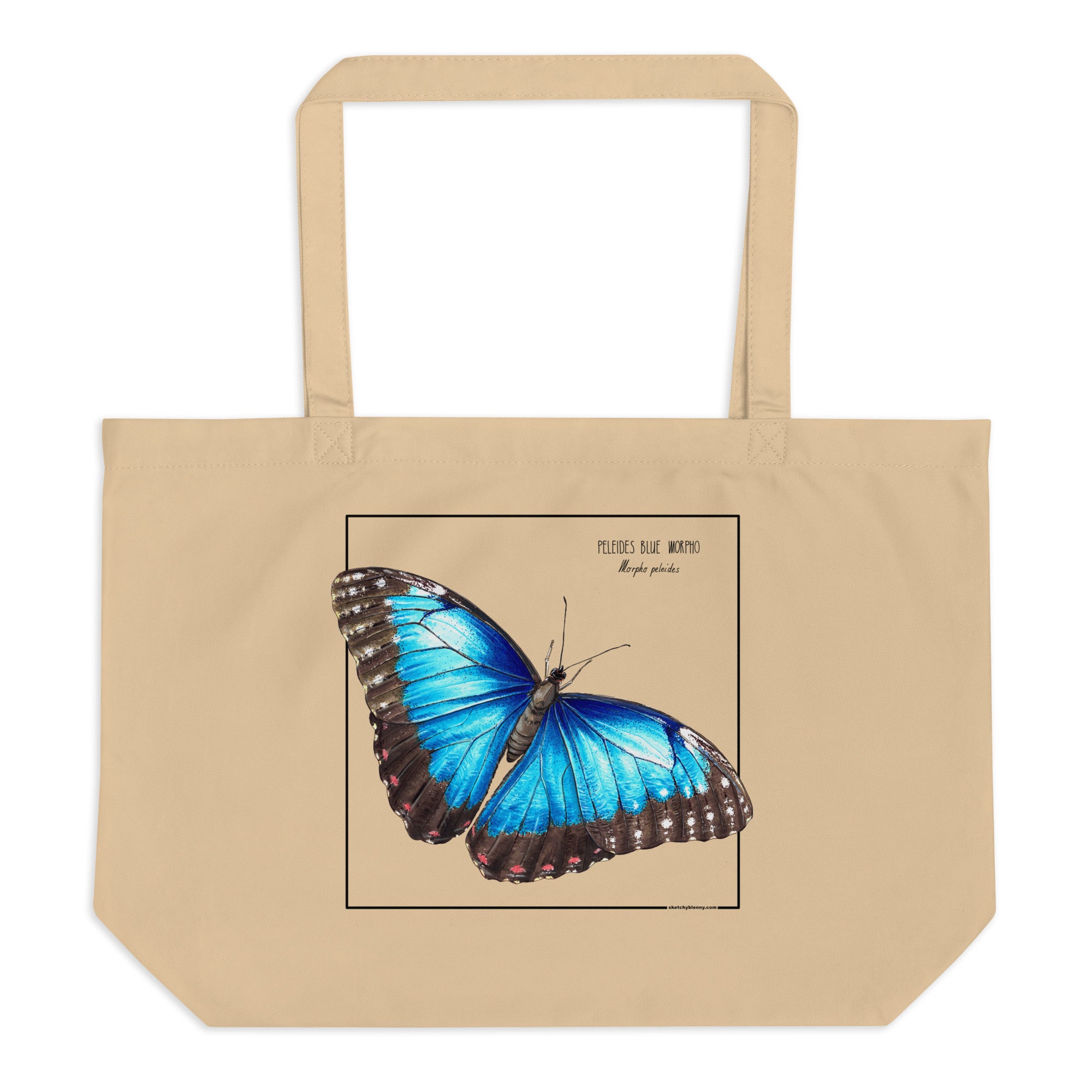 A mock up of our blue morpho tote bag. Versatile, sturdy, this bag can be used as shopping bag, gym bag or as any everyday bag. Or present!