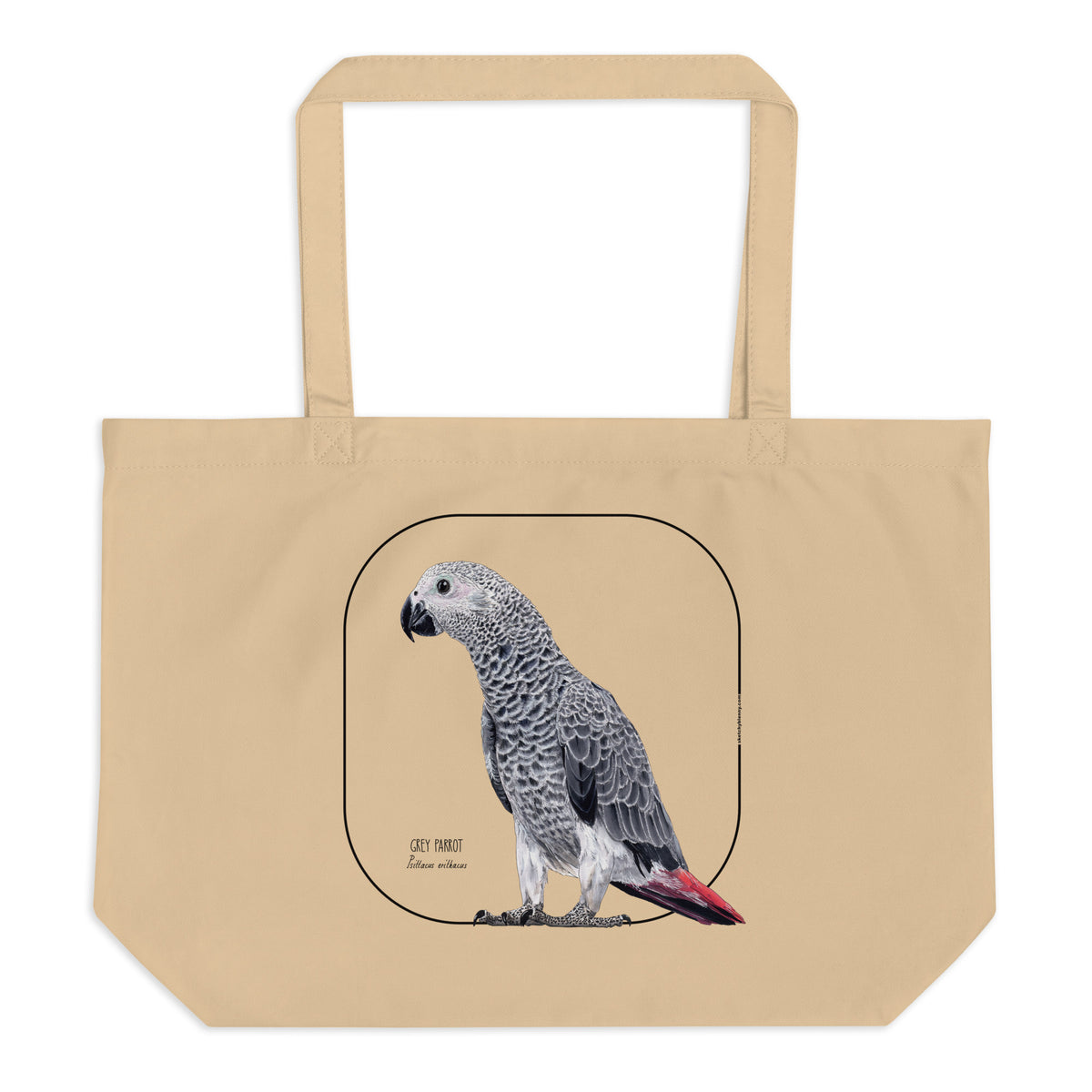 Mock up of our tote bag. This sturdy bag comes with a beautiful print of a hand-drawn juvenile grey parrot. 100% organic cotton. Beach bag, shopping bag, travel bag, or just as a present. PETA-approved vegan.
