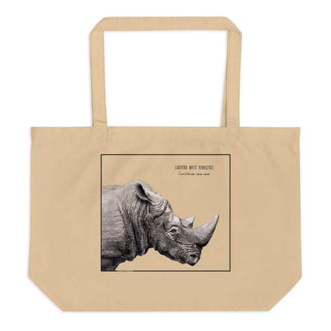 Product mockup of our tote bag with beautiful, carefully drawn southern white rhinoceros printed on the front side of the bag.