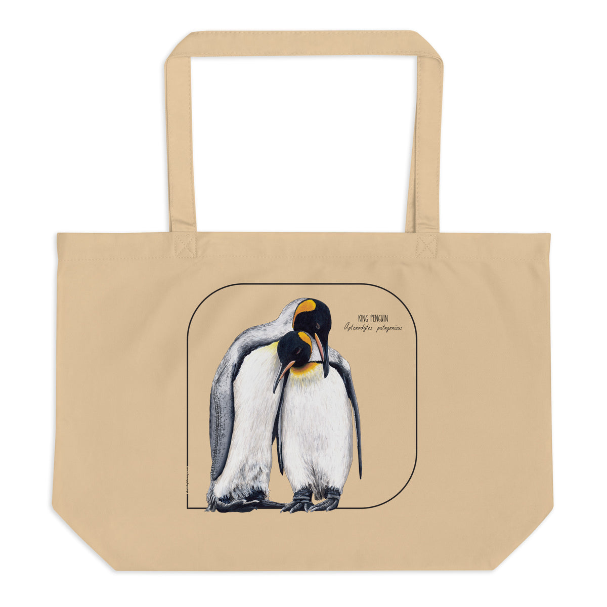 Product mockup of our large and sturdy tote bag. It comes with a beautiful print of a hand-drawn pair of king penguins huddled together. 100% organic cotton. Beach bag, shopping bag, travel bag, or just as a present.