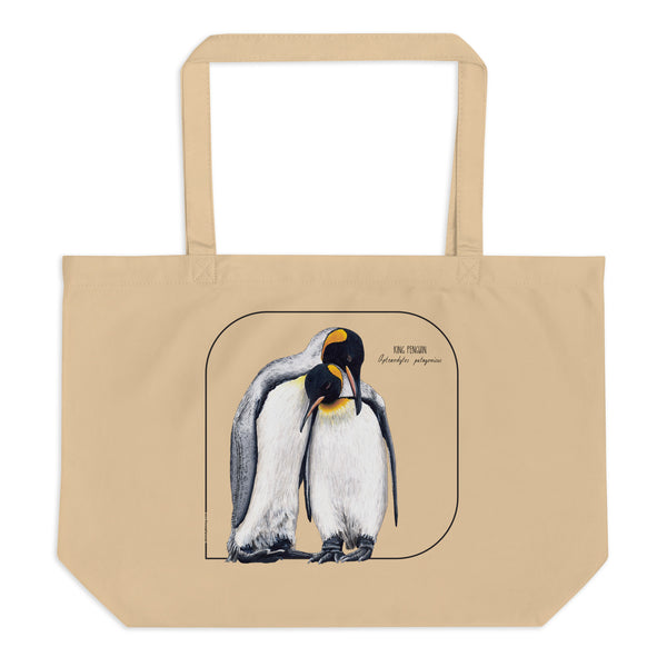 Product mockup of our large and sturdy tote bag. It comes with a beautiful print of a hand-drawn pair of king penguins huddled together. 100% organic cotton. Beach bag, shopping bag, travel bag, or just as a present.