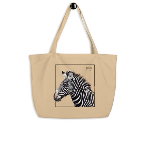 Product mockup of a tote bag with a beautiful, life-like print of a hand-drawn Grévy's Zebra. 100% organic cotton. Beach bag, shopping bag, travel bag, or just as a present.