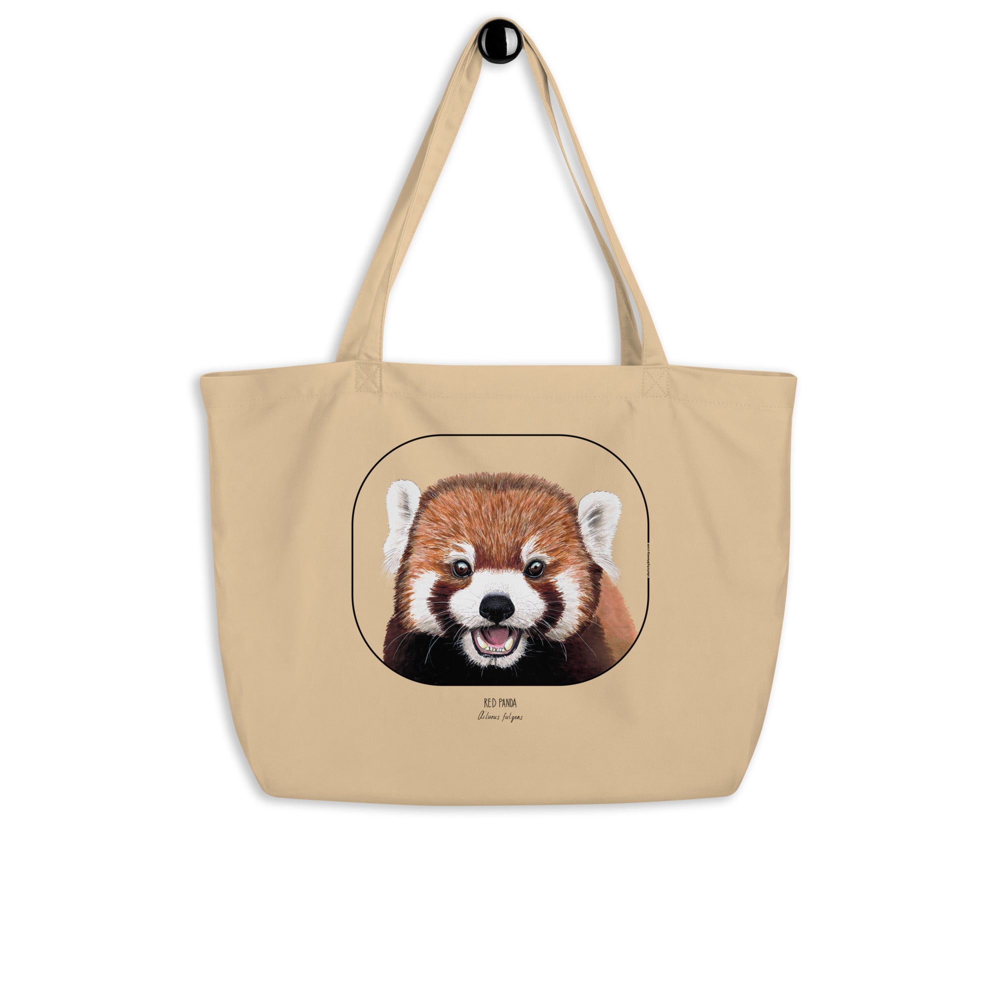 Product mockup of the large organic cotton tote bag with cheeky red panda print.