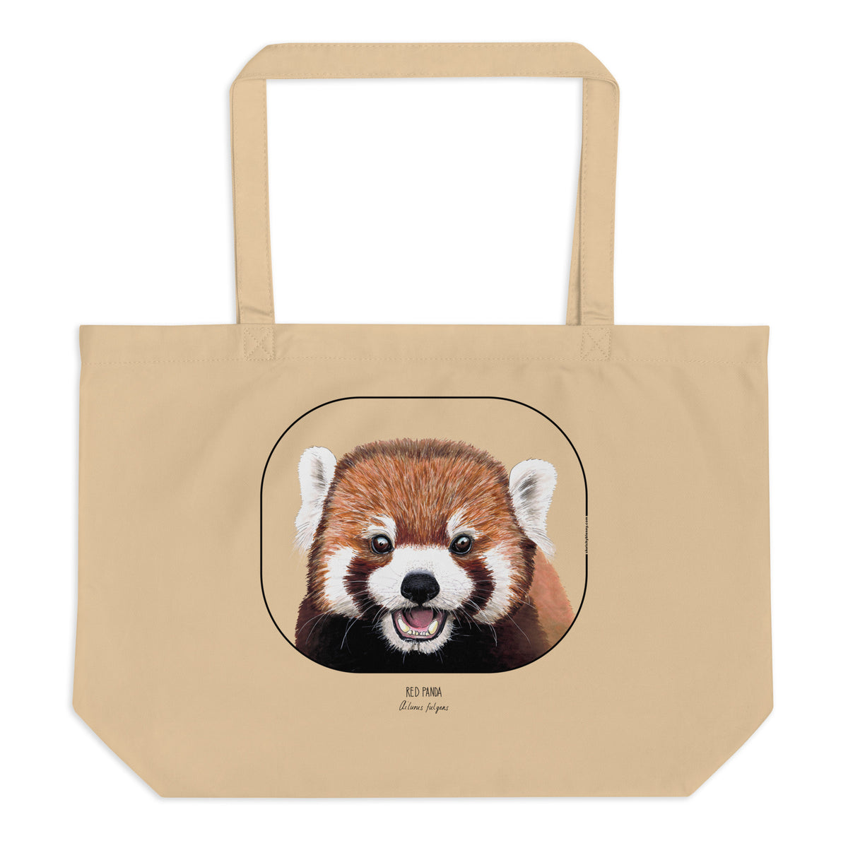 Product mockup of the large organic cotton tote bag with cheeky red panda print.