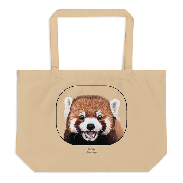 Product mockup of the large organic cotton tote bag with cheeky red panda print.
