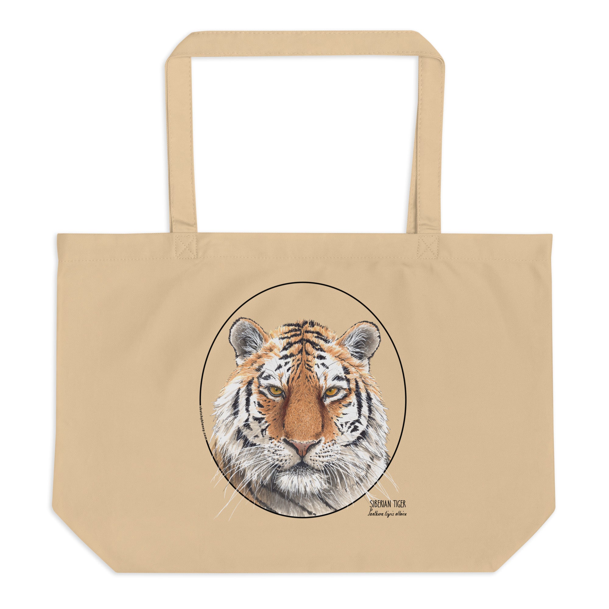 Product mockup of the organic tote bag with a beautiful siberian tiger print.