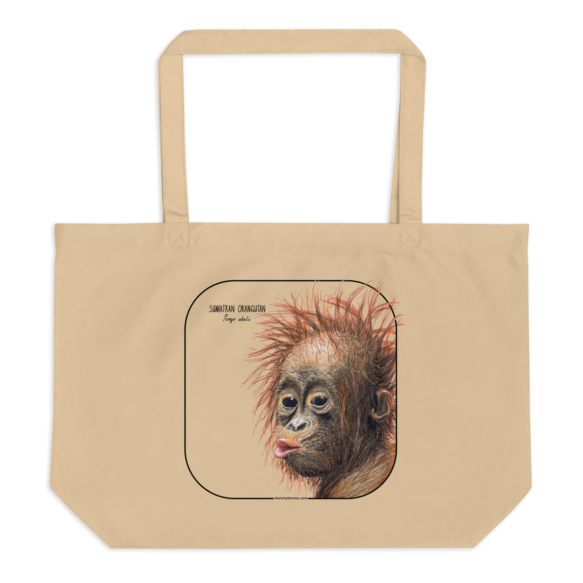 Product mockup of the large sumatran orangutan organic tote bag, lying on a flat surface.