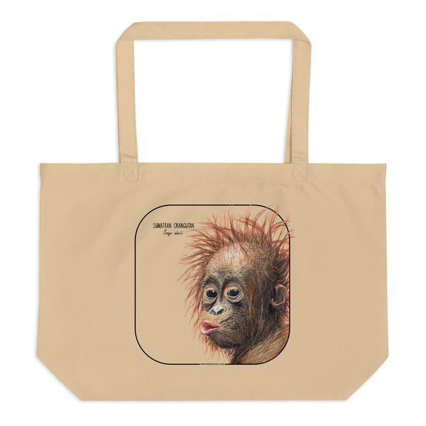 Product mockup of the large sumatran orangutan organic tote bag, lying on a flat surface.