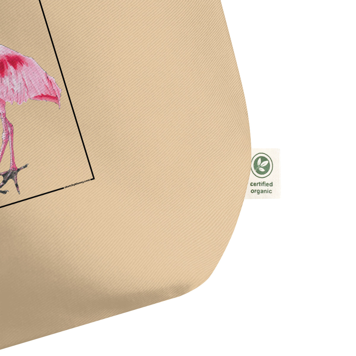 Large tote bag with the organic certificate label. Also PETA approved vegan.