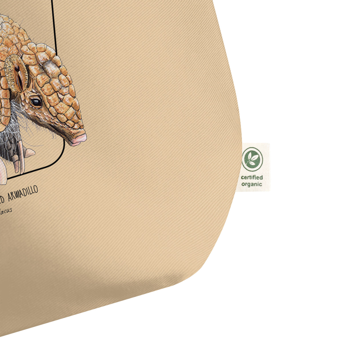 Large tote bag with the organic certificate label. Also PETA-approved vegan and GOTS-certified.