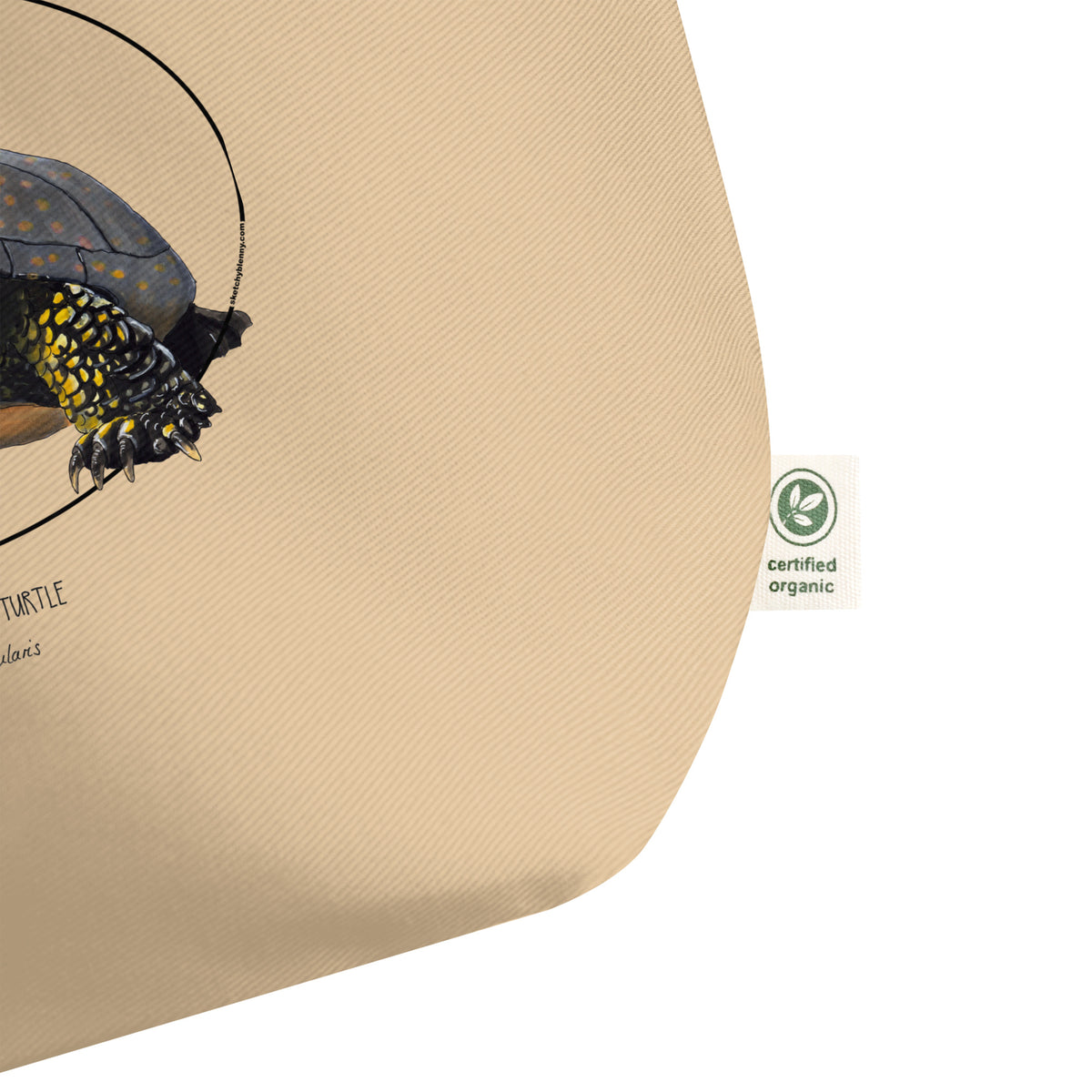 Large tote bag with the organic certificate label. Also PETA approved vegan.