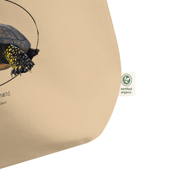 Large tote bag with the organic certificate label. Also PETA approved vegan.