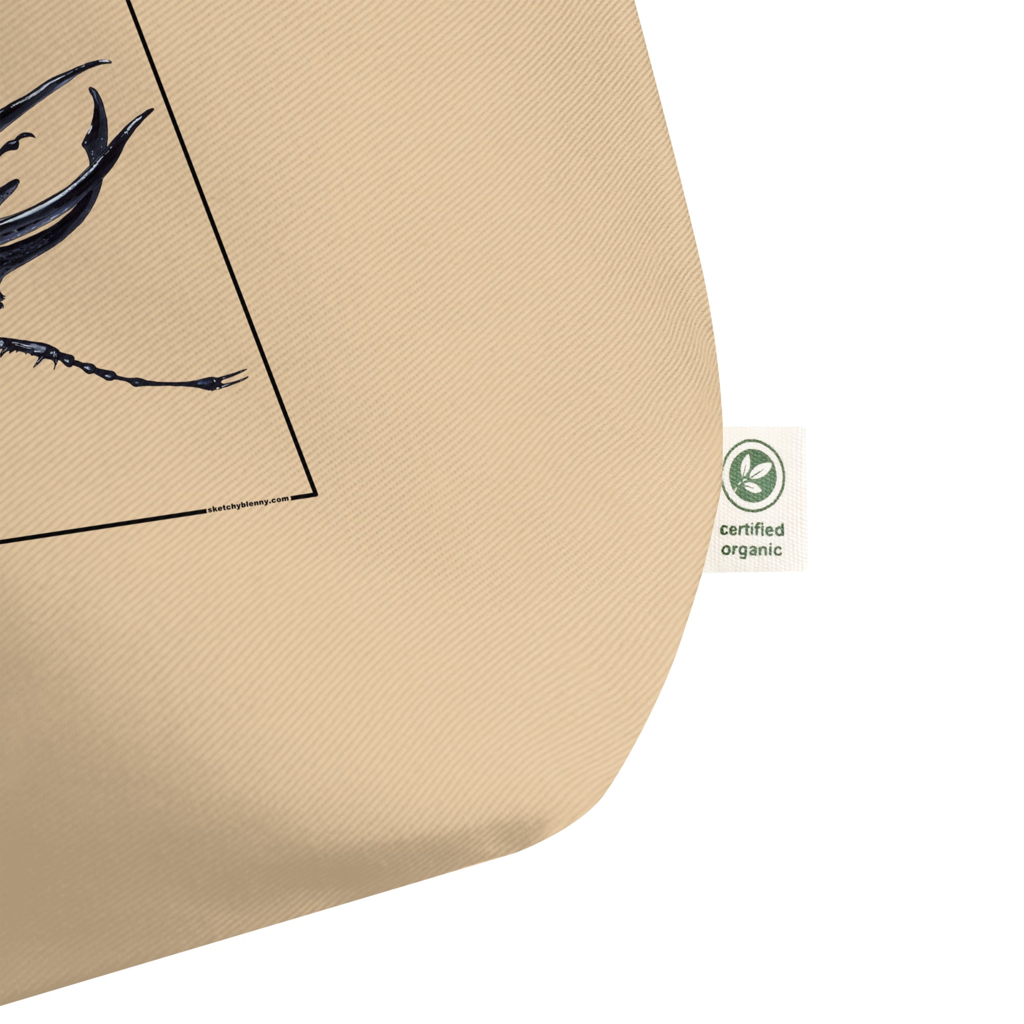 Large tote bag with print of an atlas beetle. Beautiful print of hand-drawn animal, 100% organic cotton. Beach bag, shopping bag, travel bag, or just as a present. PETA-approved vegan.