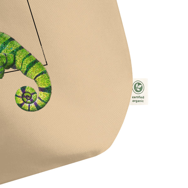  Large tote bag with a print of a colourful panther chameleon. Beautiful print of a hand-drawn animal, 100% organic cotton. Beach bag, shopping bag, travel bag, or just as a present. PETA-approved vegan.