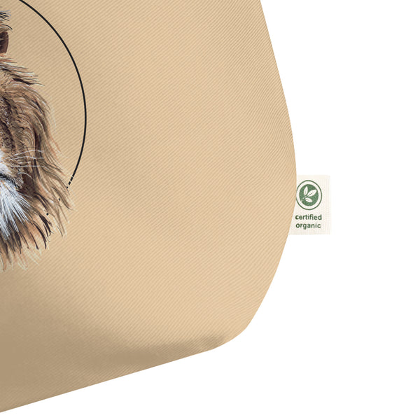 Sketchy Blenny tote bag with a beautiful, life-like print of a hand-drawn lion. 100% organic cotton. Beach bag, shopping bag, travel bag, or just as a present. PETA-approved vegan. close up detail of the certified organic label.