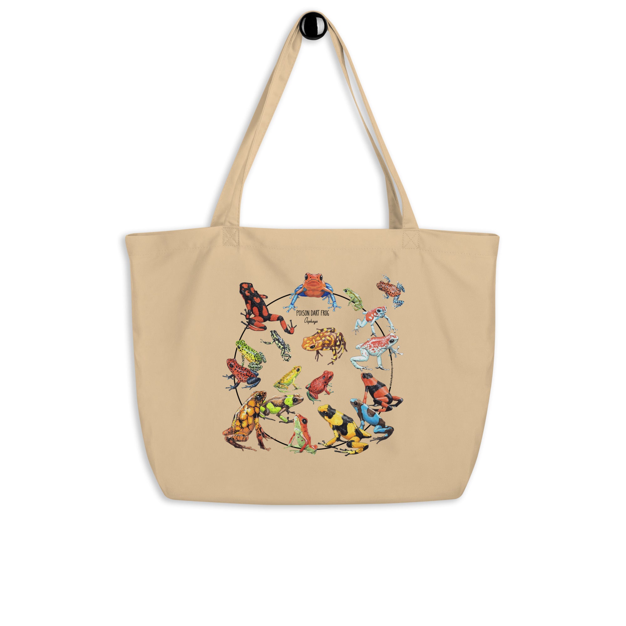 Product mockup of a large tote bag featuring a collection of oophaga (poison dart frogs). 100%organic cotton.