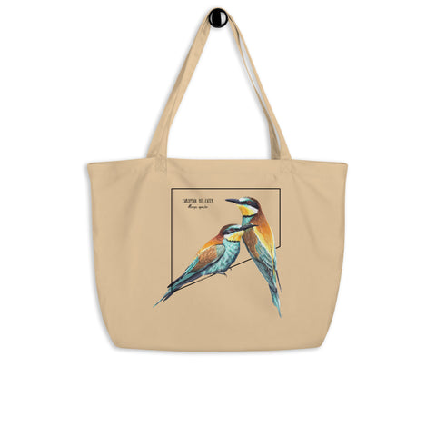 Product mockup of our large european bee-eater tote bag. 