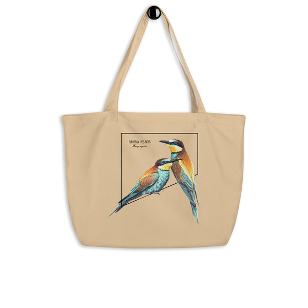 Product mockup of our large european bee-eater tote bag. 