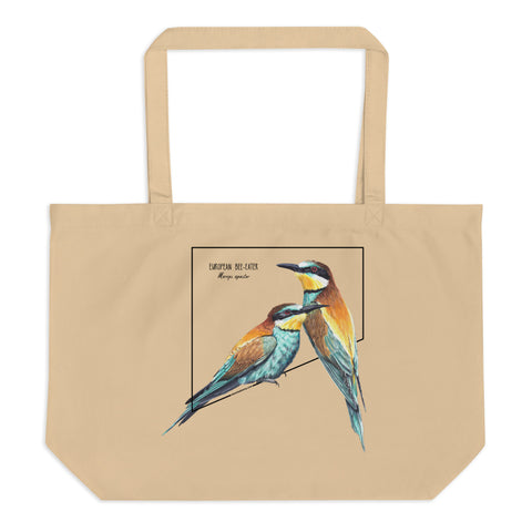 Product mockup of our large european bee-eater tote bag. 