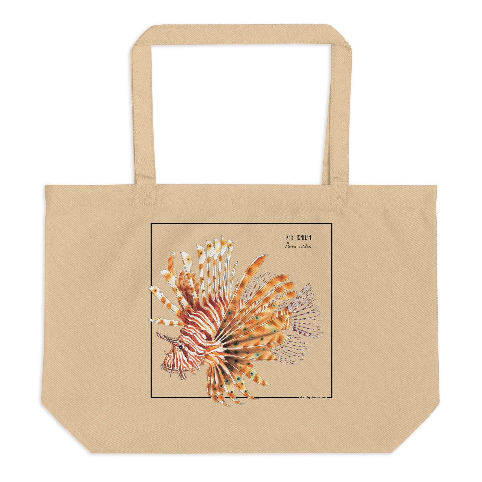 Product mockup of our large red lionfish tote bag. 100% organic and vegan.