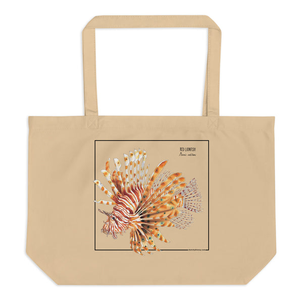 Product mockup of our large red lionfish tote bag. 100% organic and vegan.