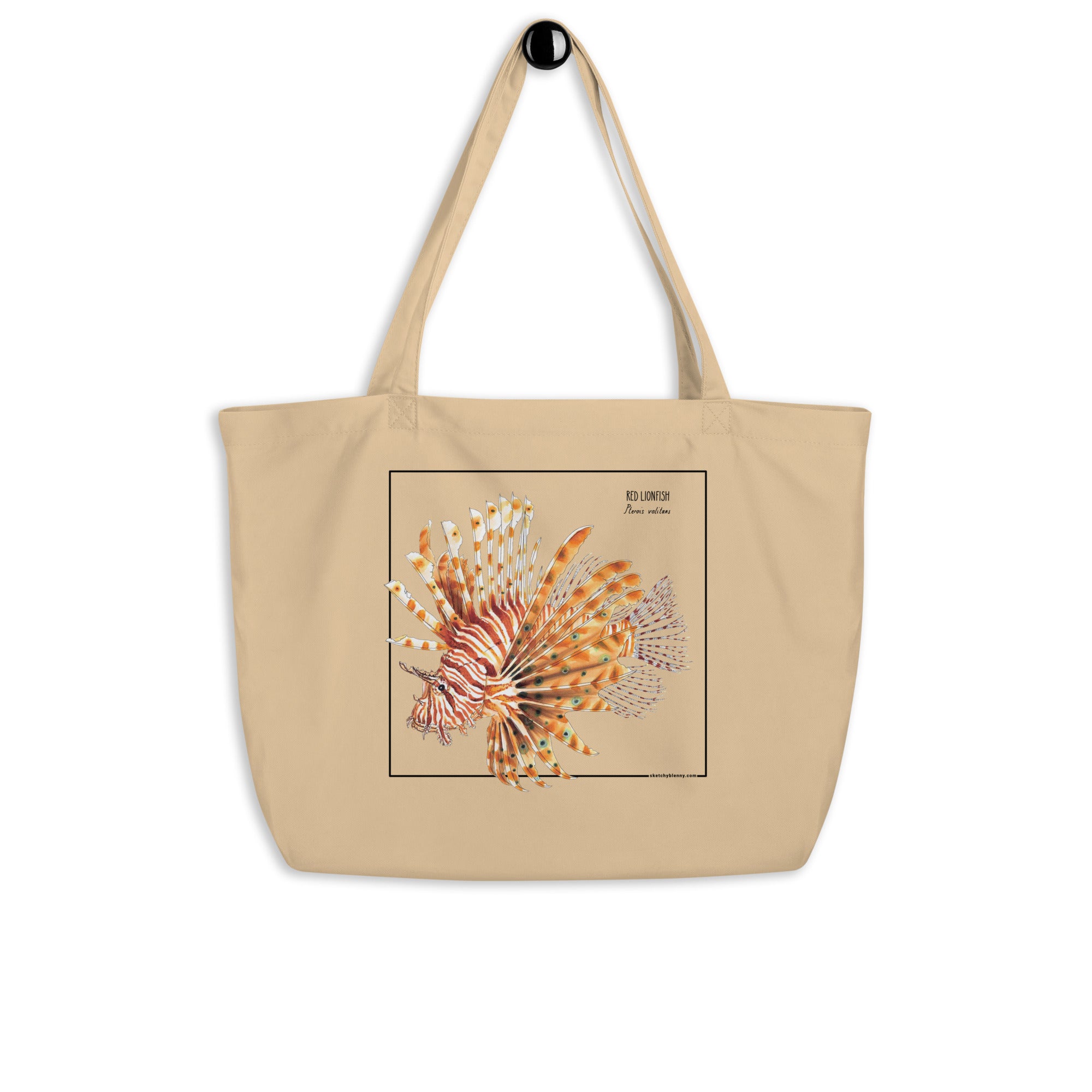 Product mockup of our large red lionfish tote bag. 100% organic and vegan.