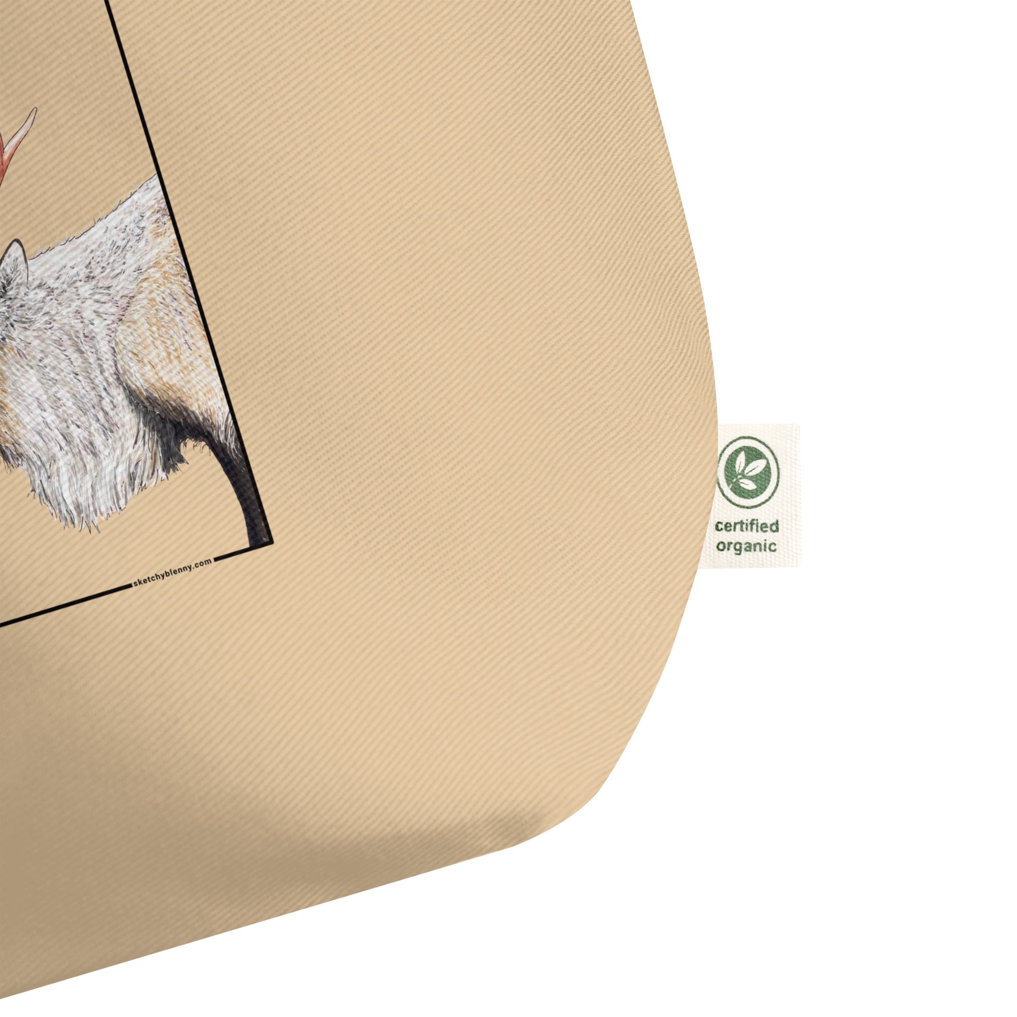large reindeer tote bag mock up. 100% organic cotton. label detail on the side.
