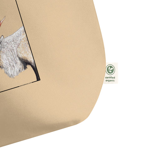 large reindeer tote bag mock up. 100% organic cotton. label detail on the side.