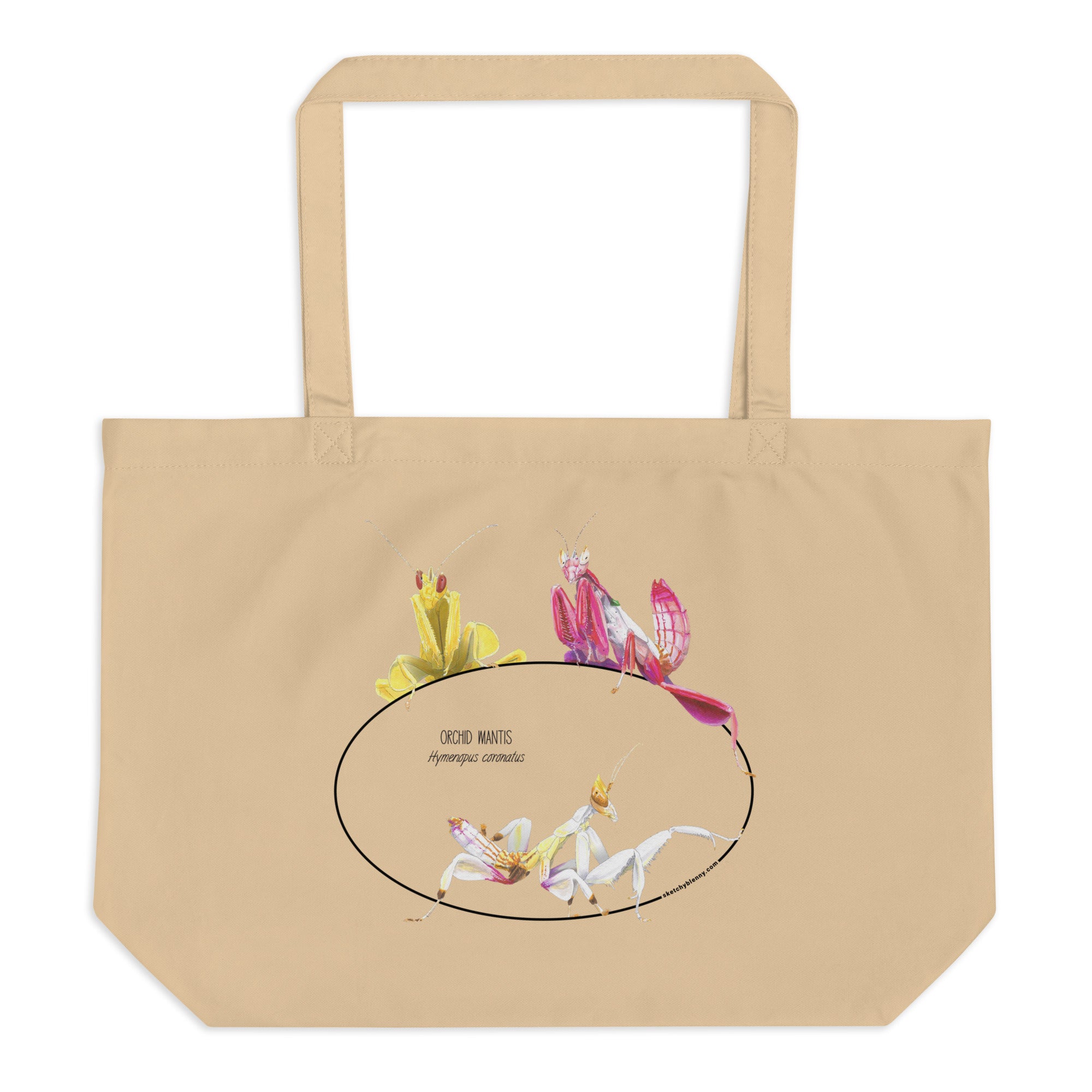 Mock-up of our large size Orchid mantis tote bag, lying on a white surface. 100%organic cotton, sturdy and spacious
