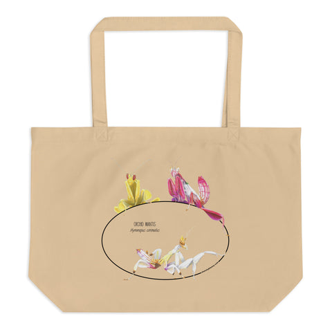 Mock-up of our large size Orchid mantis tote bag, lying on a white surface. 100%organic cotton, sturdy and spacious
