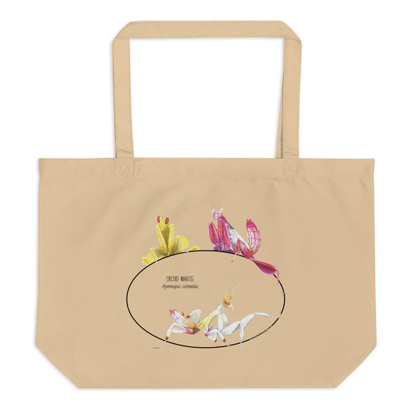Mock-up of our large size Orchid mantis tote bag, lying on a white surface. 100%organic cotton, sturdy and spacious