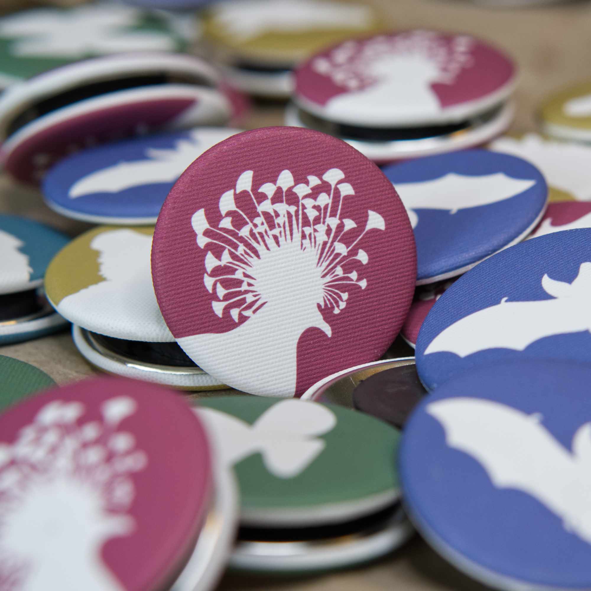 A red, fabric-covered magnet with the silhouette of a Victoria crowned pigeon is leaning against a collection of other, colourful magnets.
