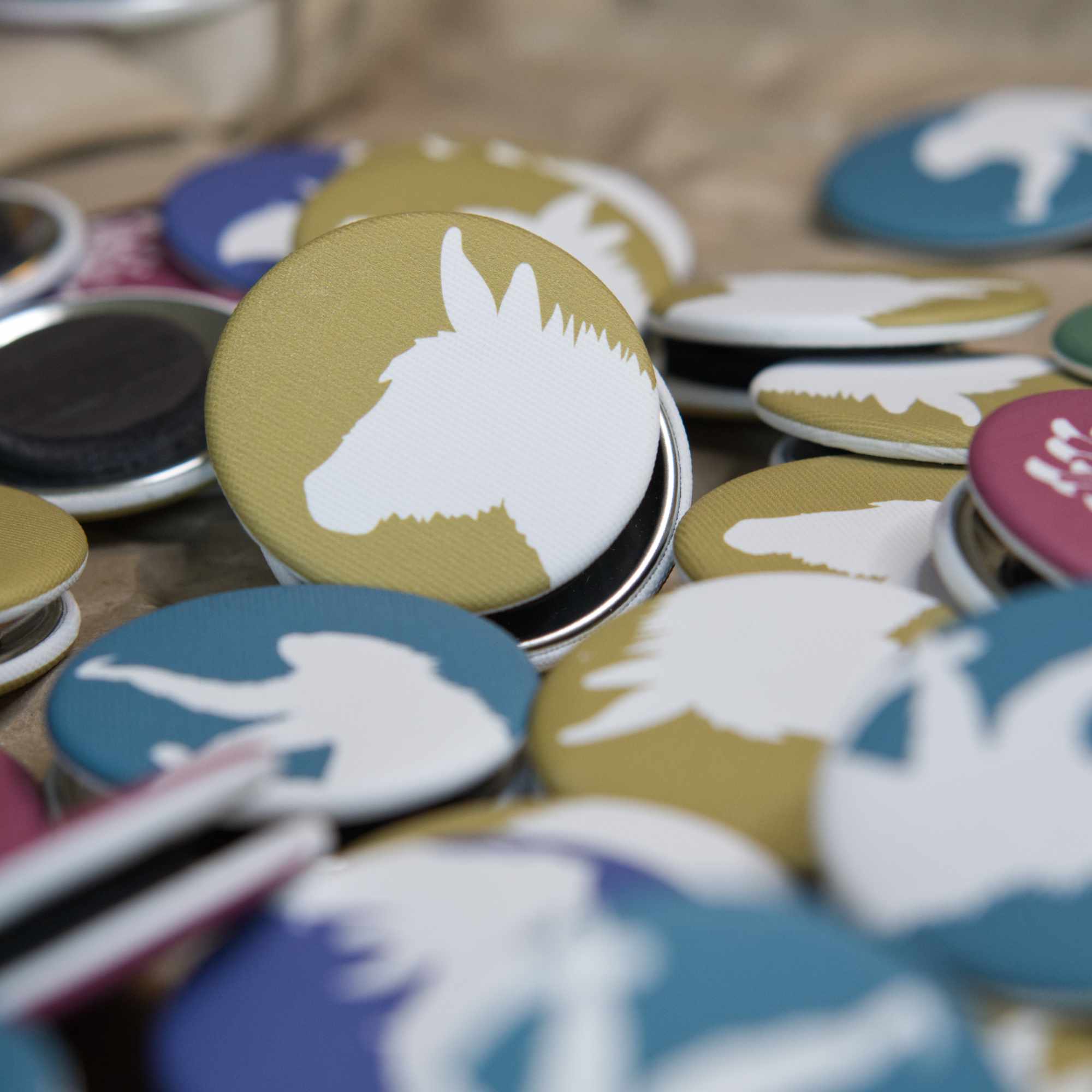A gold-yellow, fabric-covered magnet with the silhouette of a donkey is leaning against a pile of other, different coloured magnets.