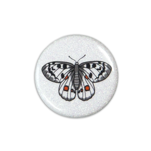 A white sparkly magnet featuring an apollo butterfly leans on a white. Top down photo.
