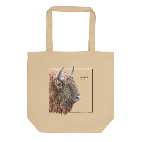 Product mockup of our 100% organic tot bag with a print of a europeant bison (wisent)