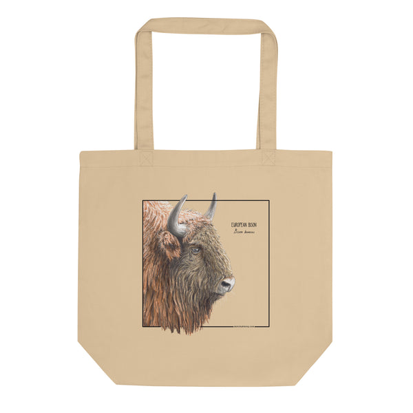 Product mockup of our 100% organic tot bag with a print of a europeant bison (wisent)