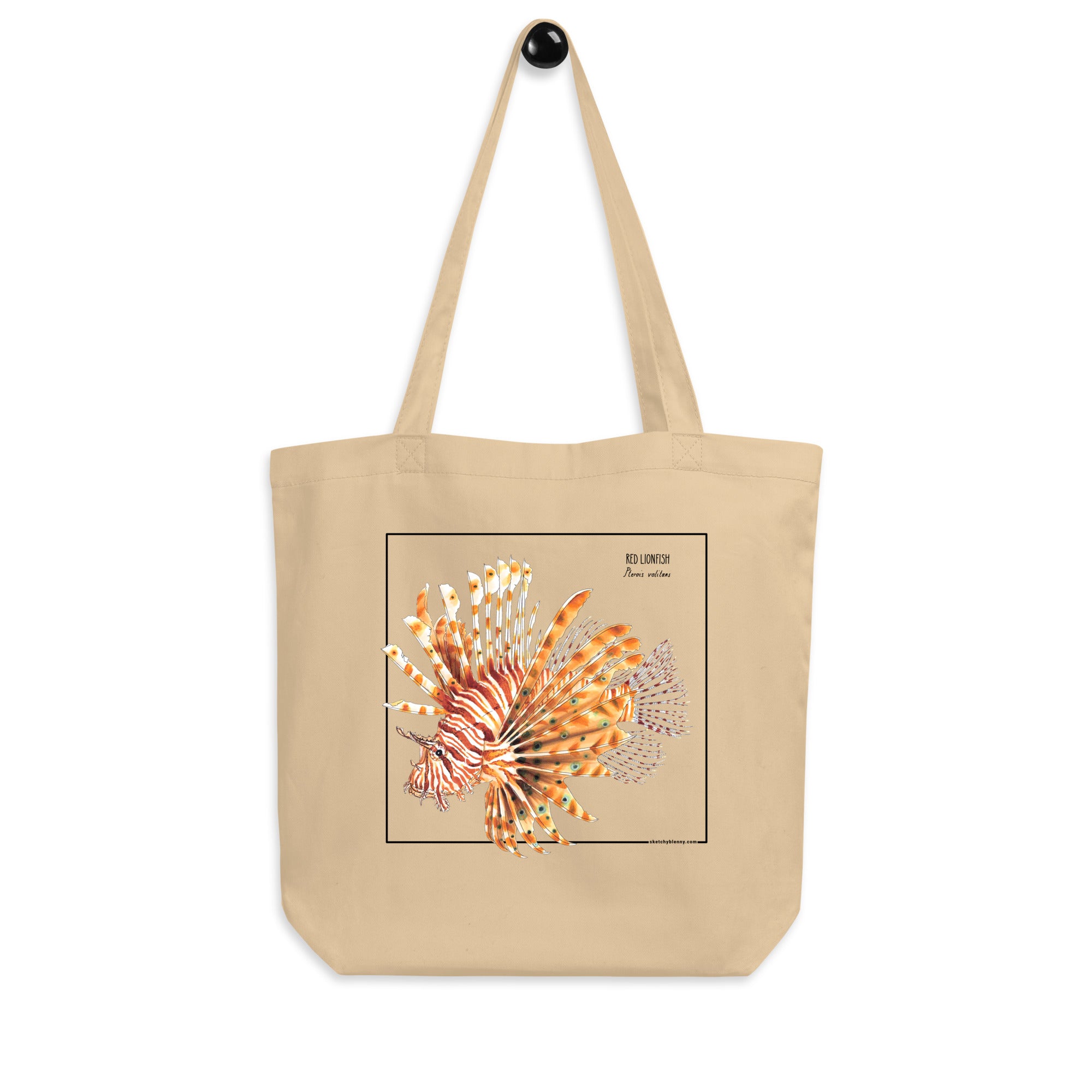 Product mockup of our organic tote bag with a vibrantly striped red lionfish print.