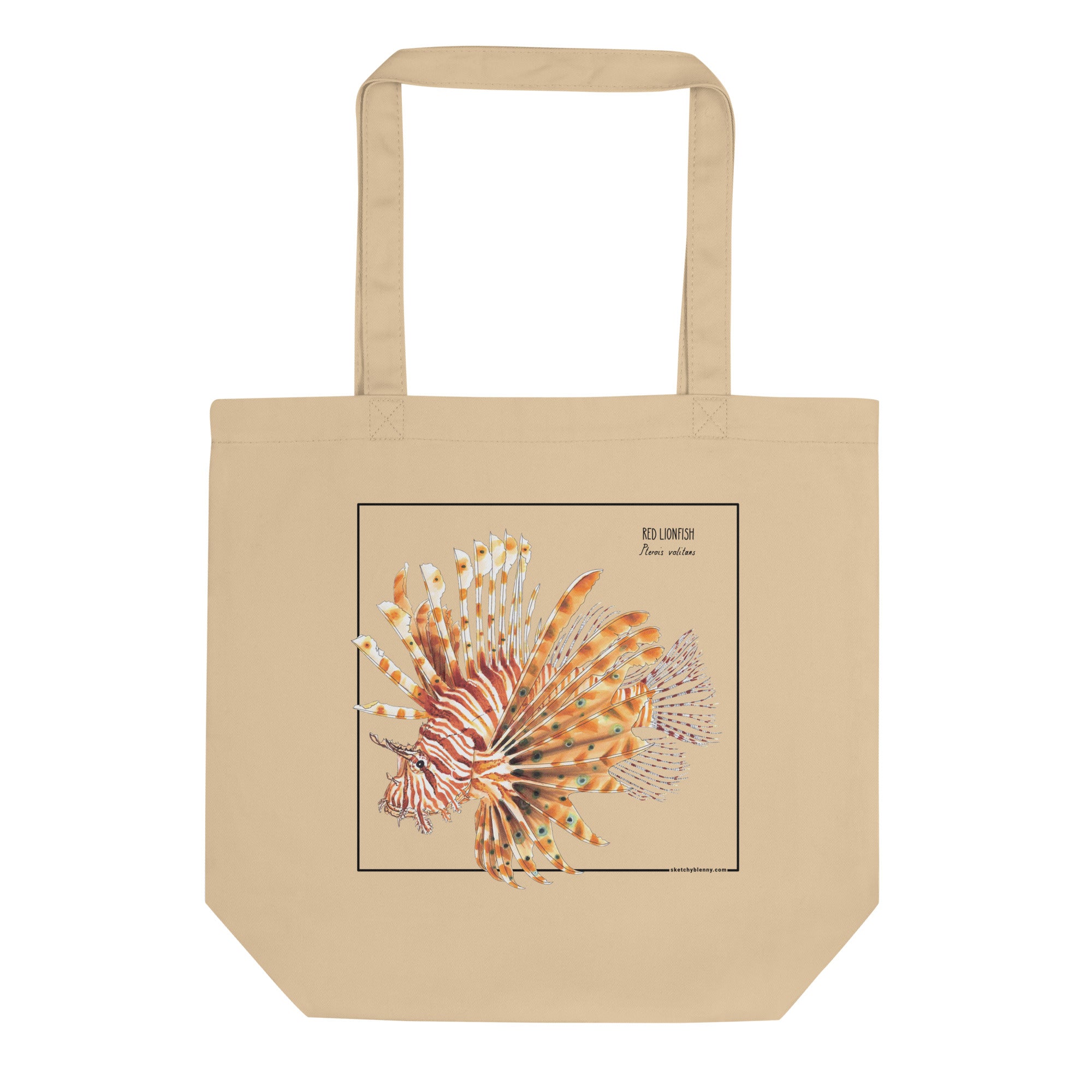 Product mockup of our 100% organic tote bag with a vibrant, red lionfish print.