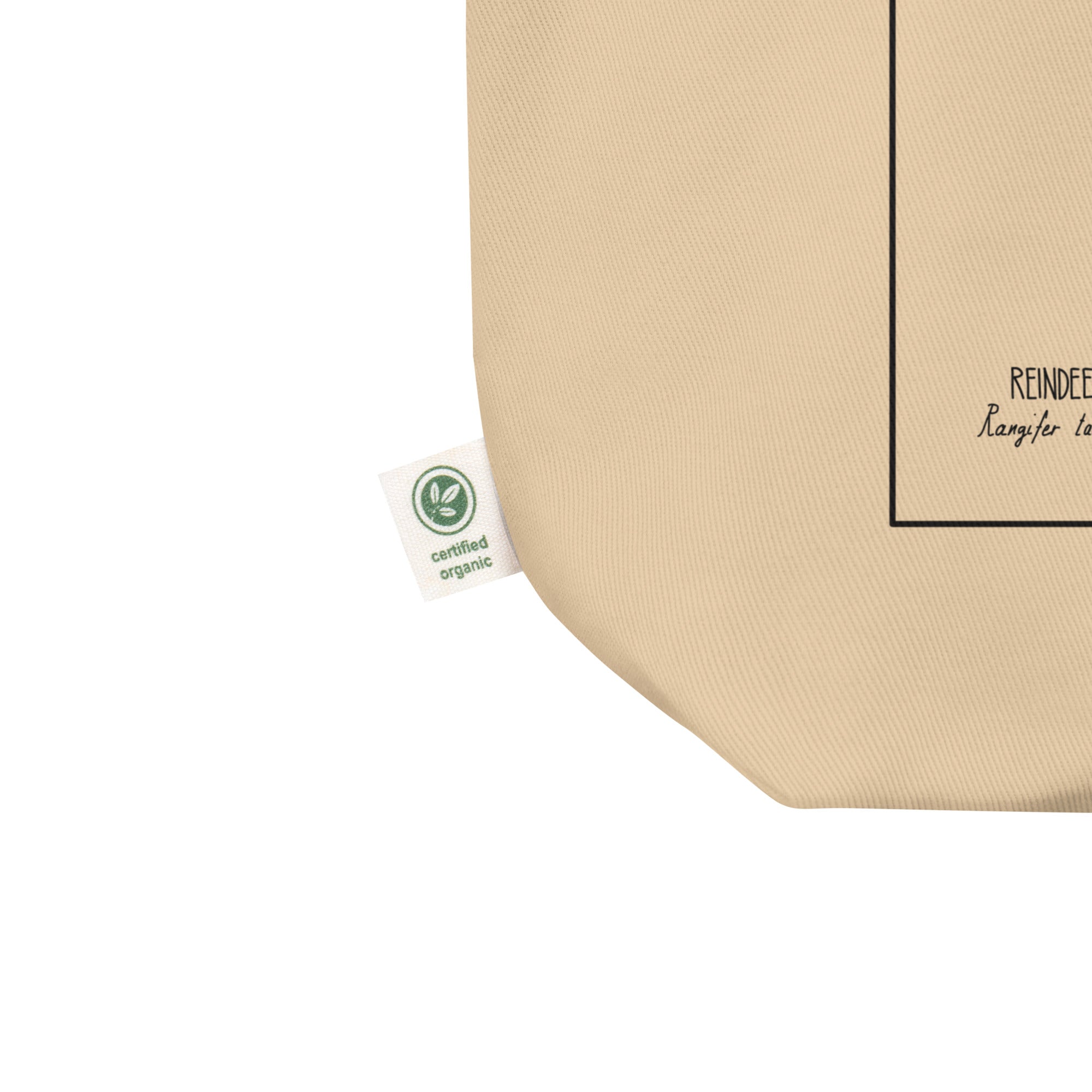 Product mockup of  our organic cotton reindeer tote bag. label detail.