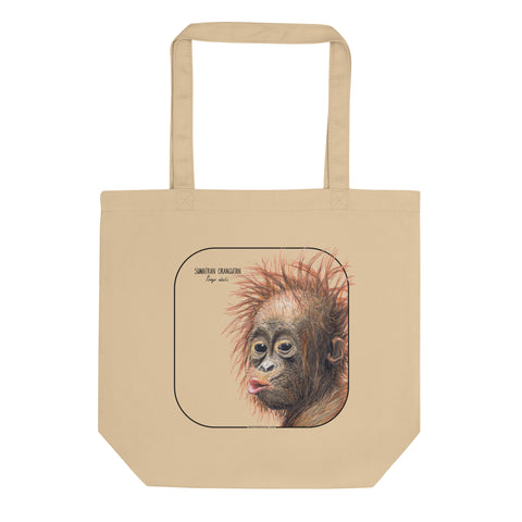 Product mockup of the sumatran orangutan organic tote bag, lying on a flat surface.