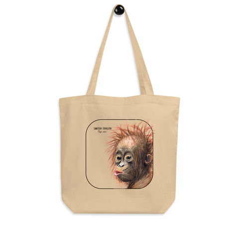 Product mockup of the sumatran orangutan organic tote bag, hanging from a holder.