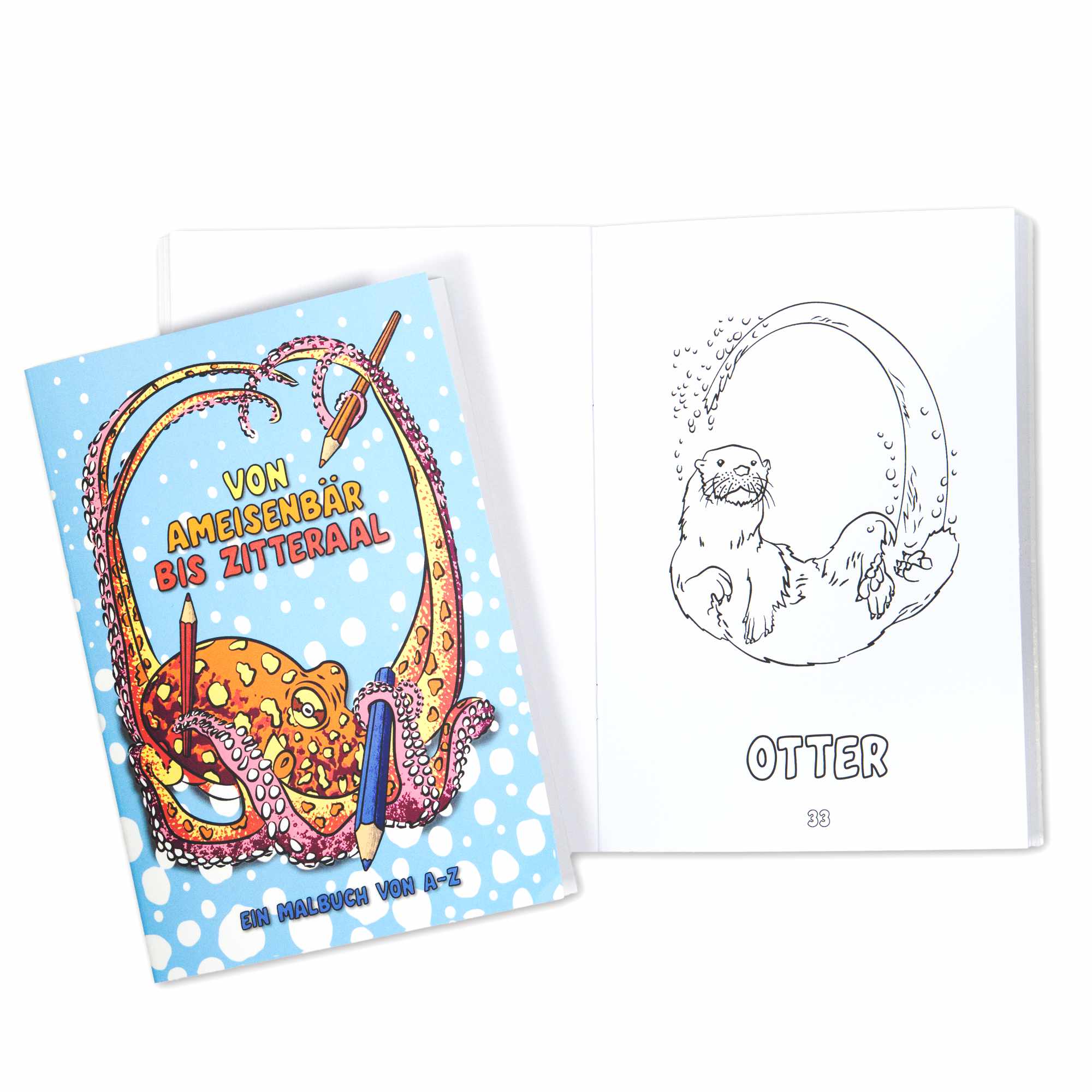 Front cover of the colouring book and the page withe the letter O, featuring an Otter.