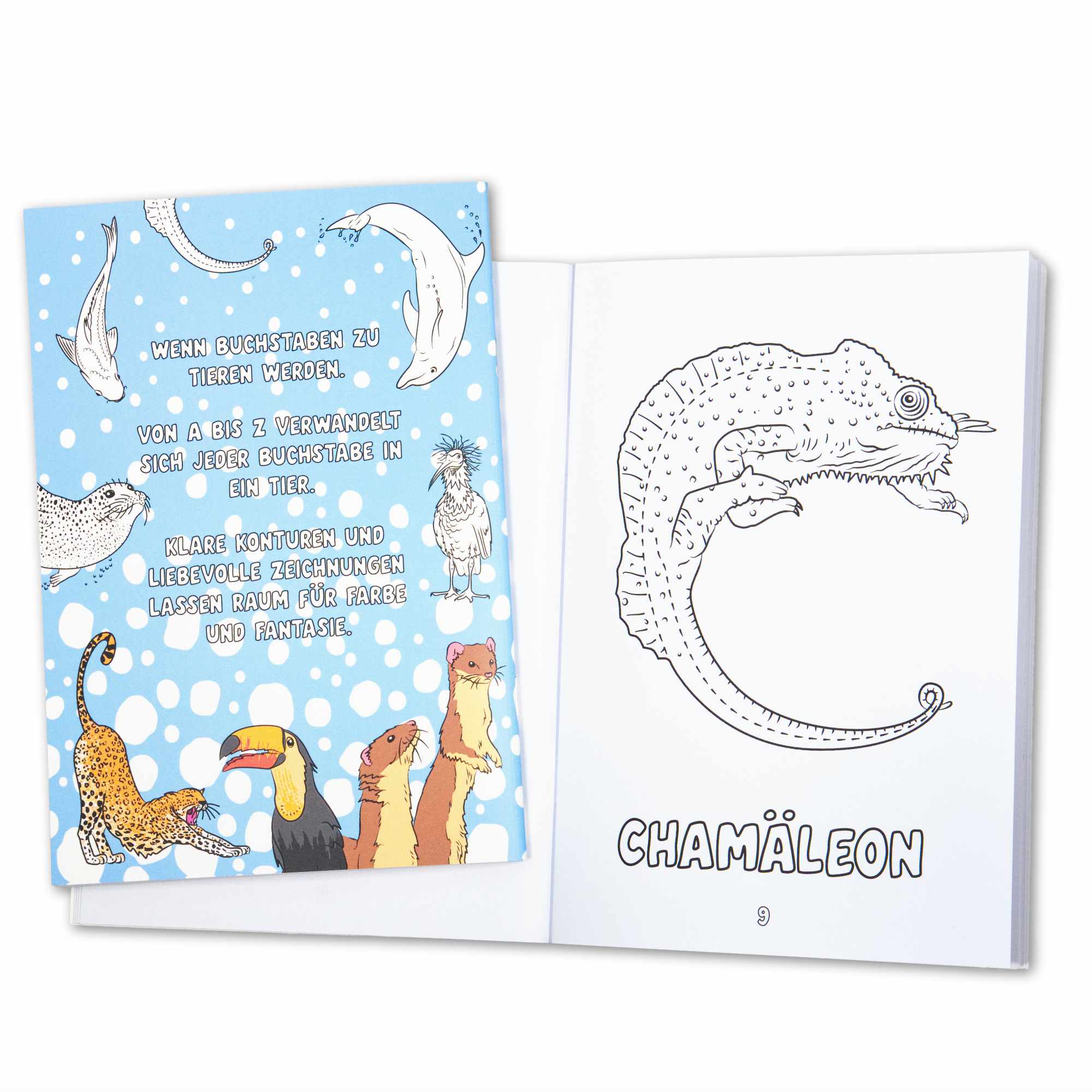 Back cover of the colouring book and the page withe the letter C, featuring a chameleon.