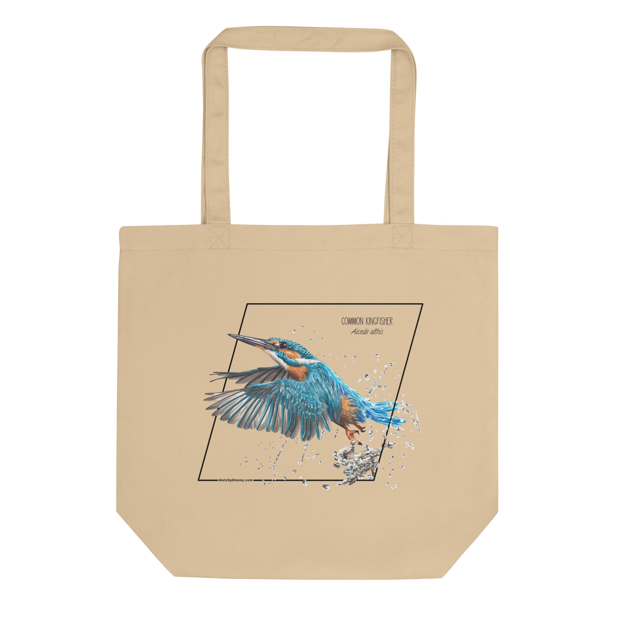 Product mockup of our Organic tote bag featuring a common kingfisher, lying flat on a white surface.
