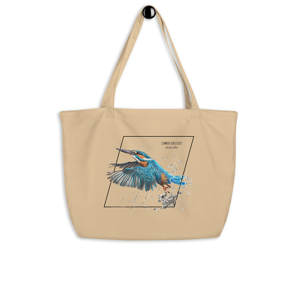 Product mockup of our large organic tote bag with a common kingfisher print. Here hanging from a wall-hanger.